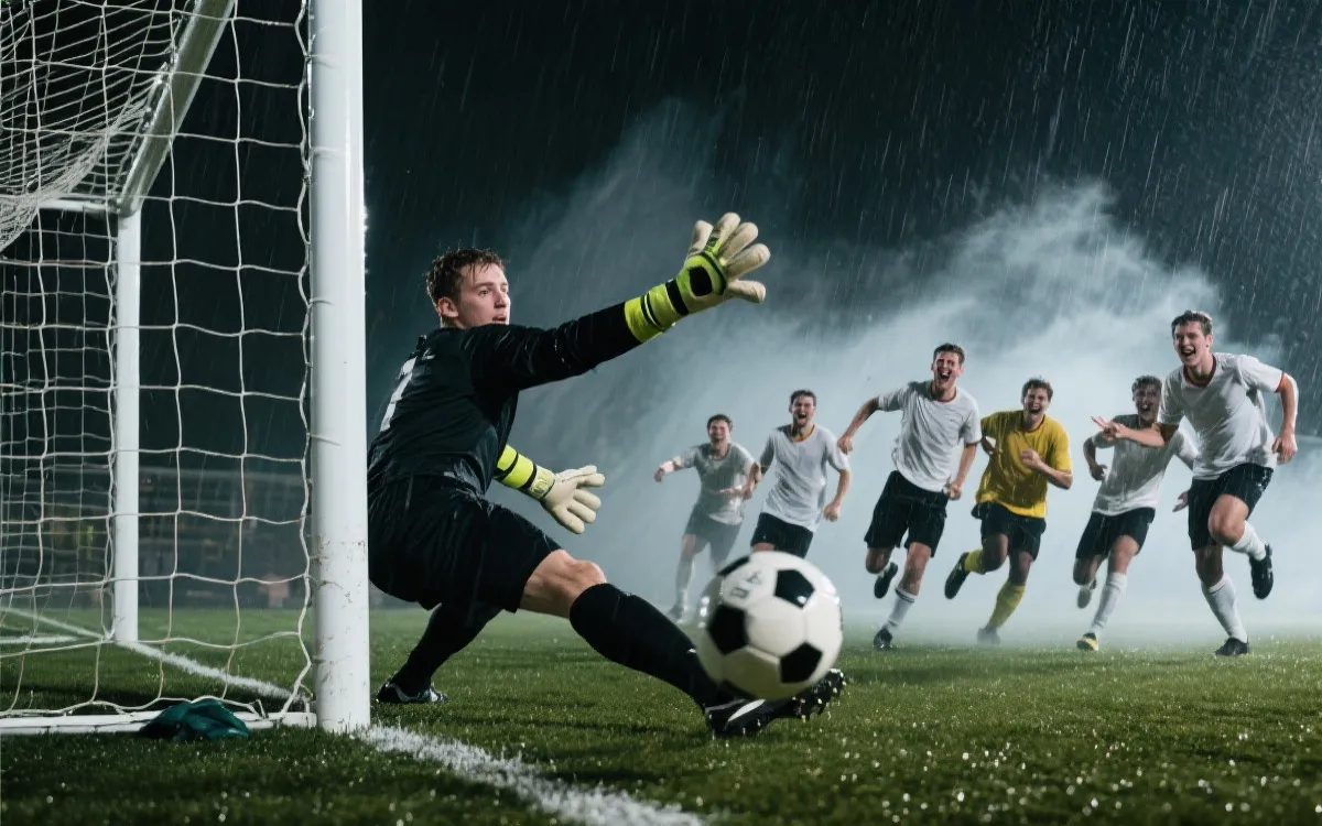 门将扑救与队友冲上前拥抱的瞬间，体现团队精神与压力下的凝聚